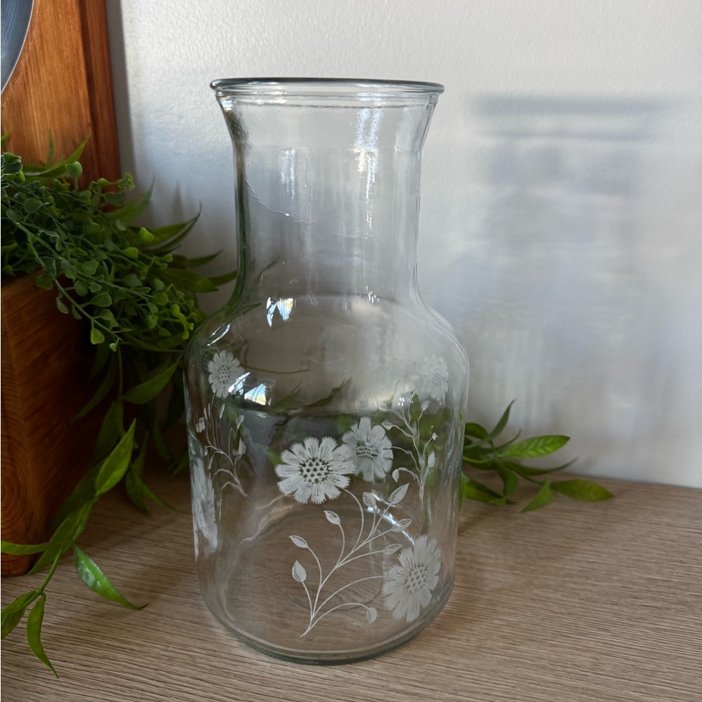 Libbey Clear Glass Pitcher with Etched Floral Design